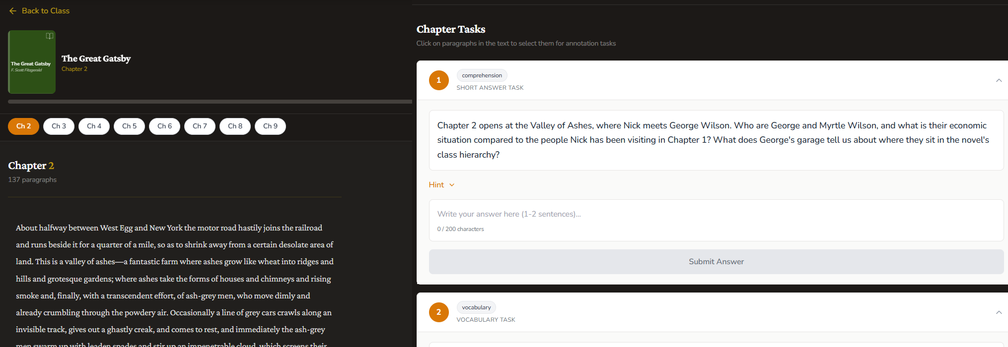 BookPulse student view, The Great Gatsby Chapter 2, reading left and chapter tasks right
