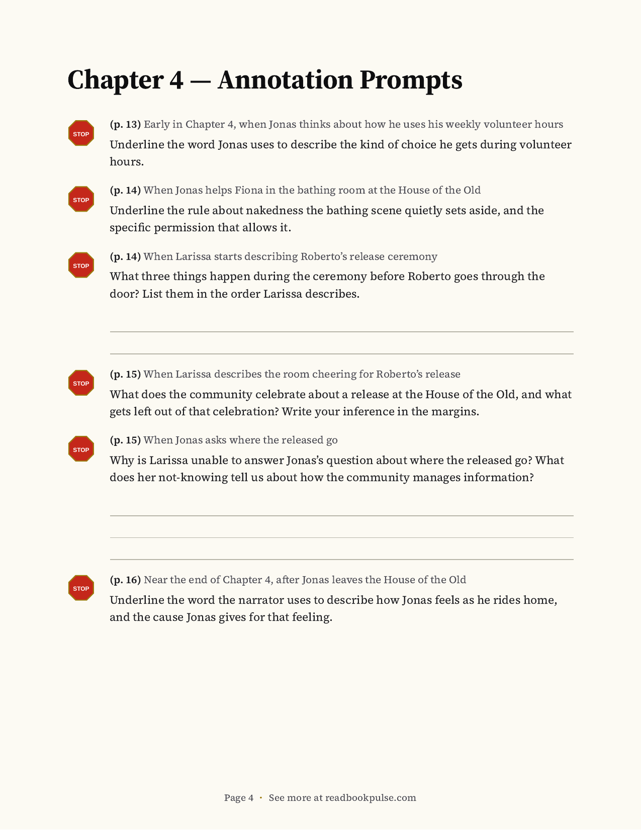 Sample annotation prompts page from The Giver Chapter 4 packet, STOP-sign prompts with page references