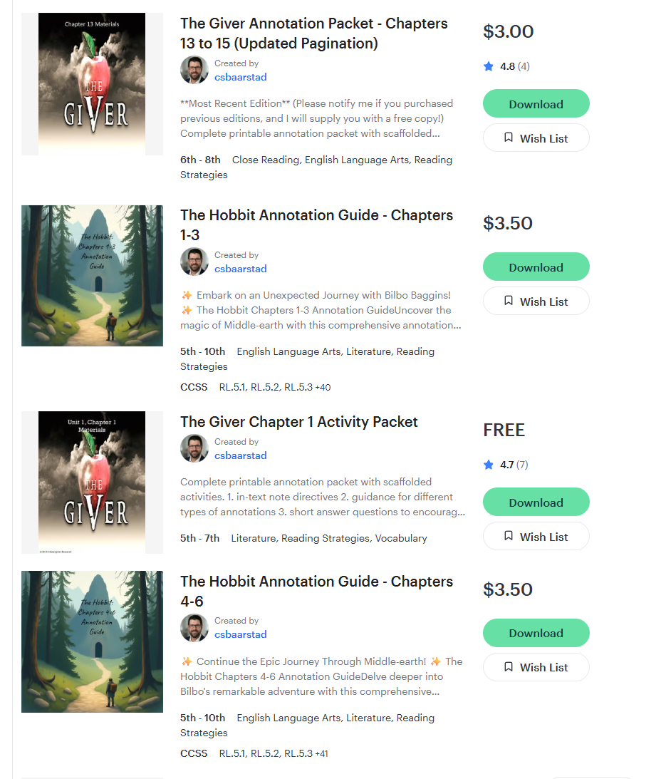 TeachersPayTeachers storefront, @csbaarstad, Updated Pagination annotation packets